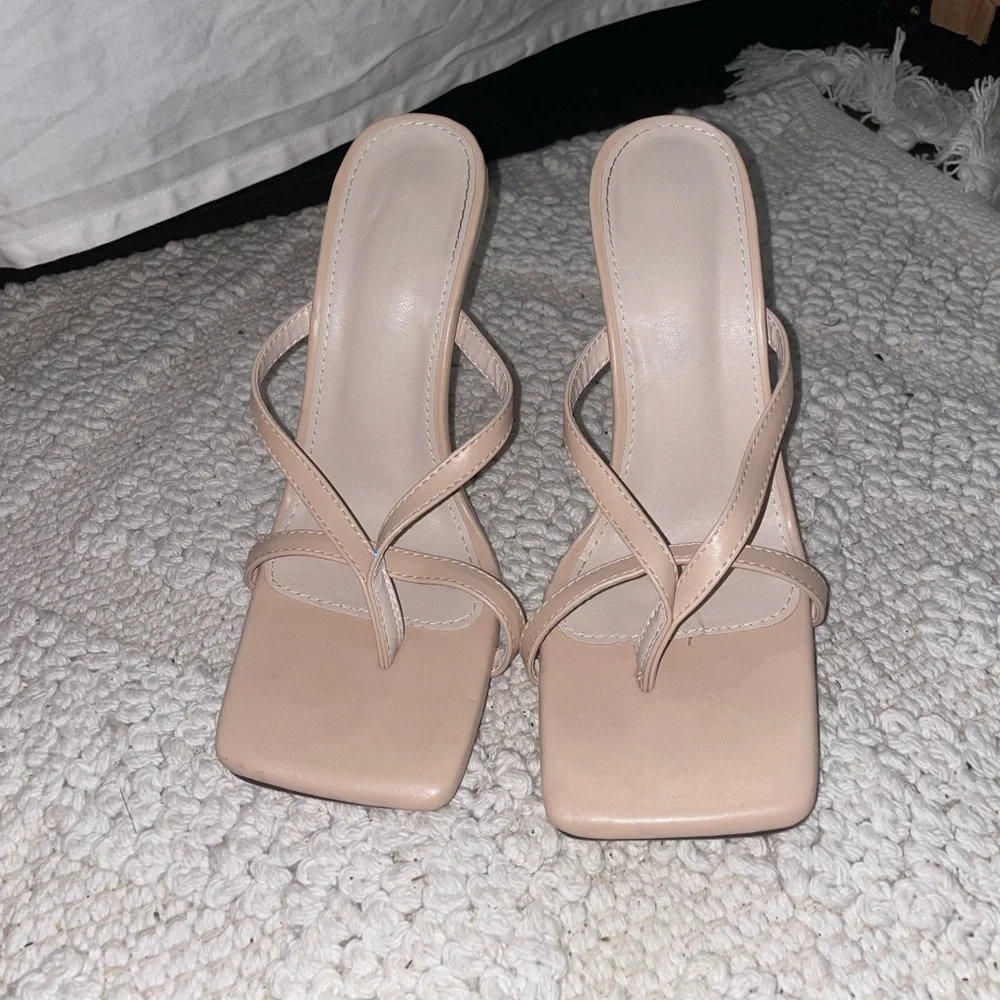 Cream‎ Square Toe Strappy Heeled Mules
